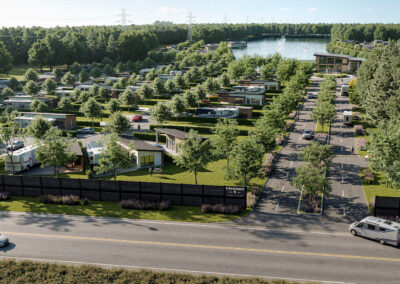 vue aerienne d'un centre de villégiature pour véhicule vr avec vue sur lac et a partir de l'entrée principale du site